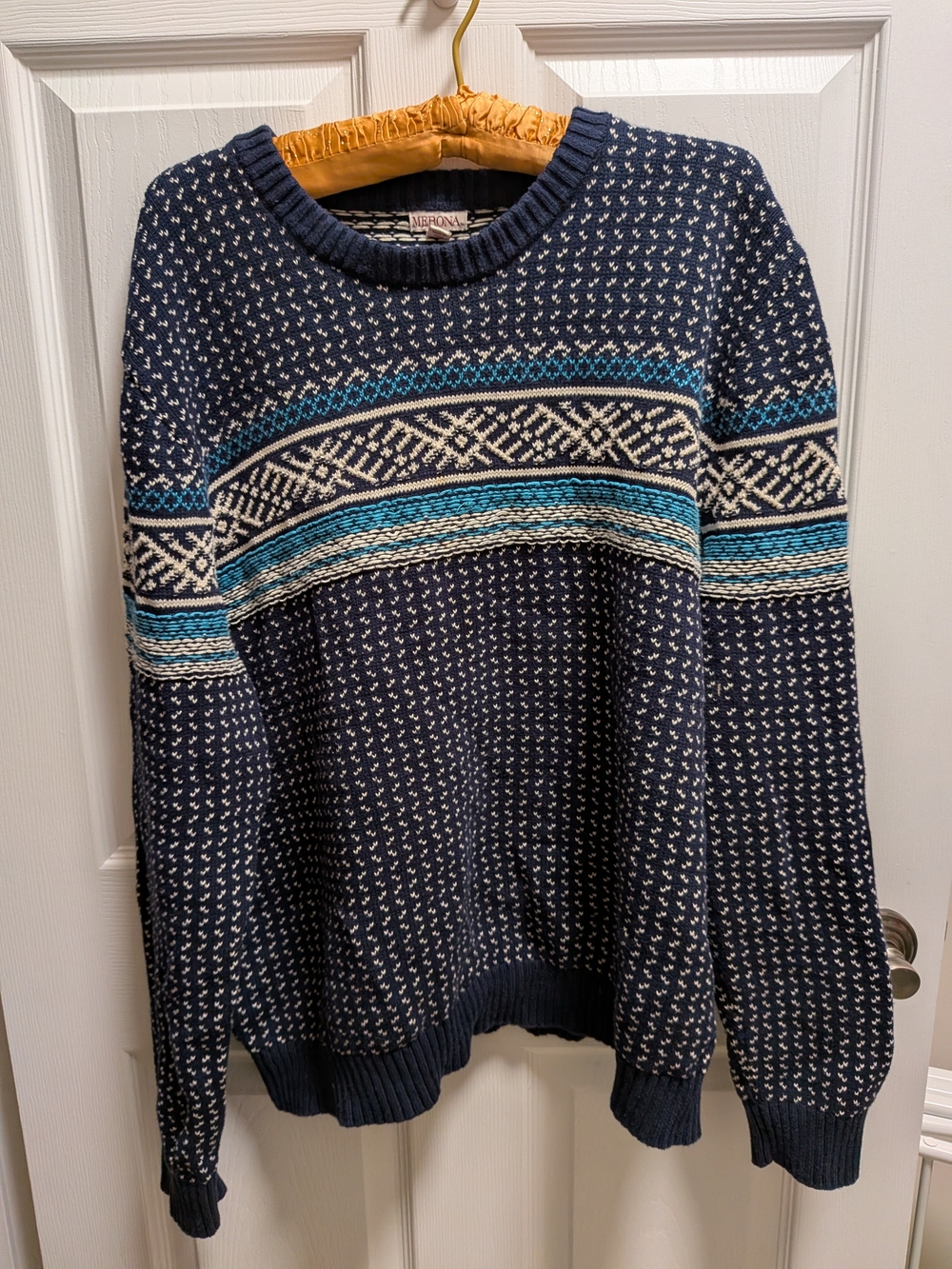 Merona Navy Cotton Fair Isle Crewneck Sweater w/ Teal & Cream Accents Size XXL